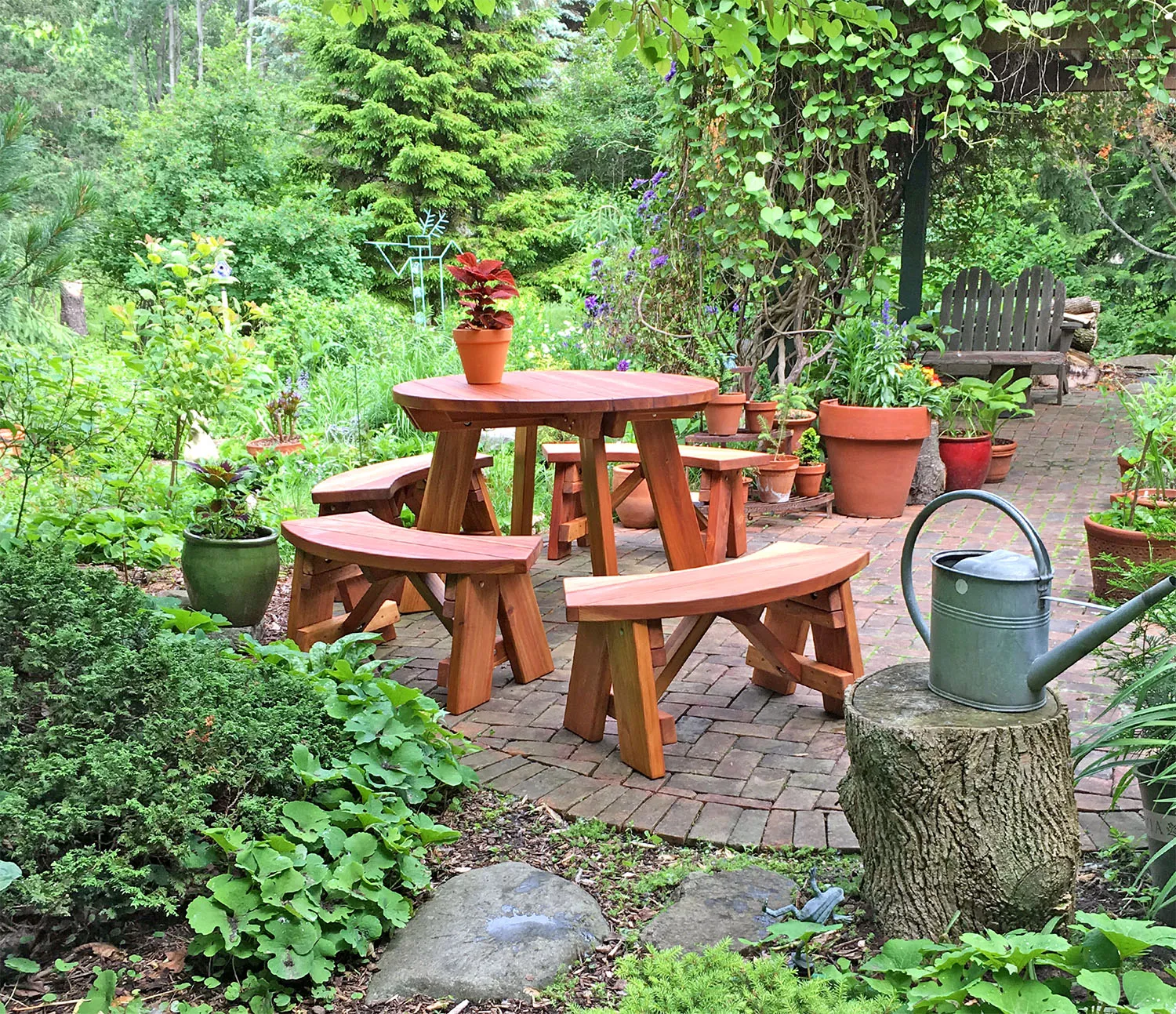 Round Wooden Picnic Table (Detached Benches), California Redwood, in Pewaukee, Wisconsin