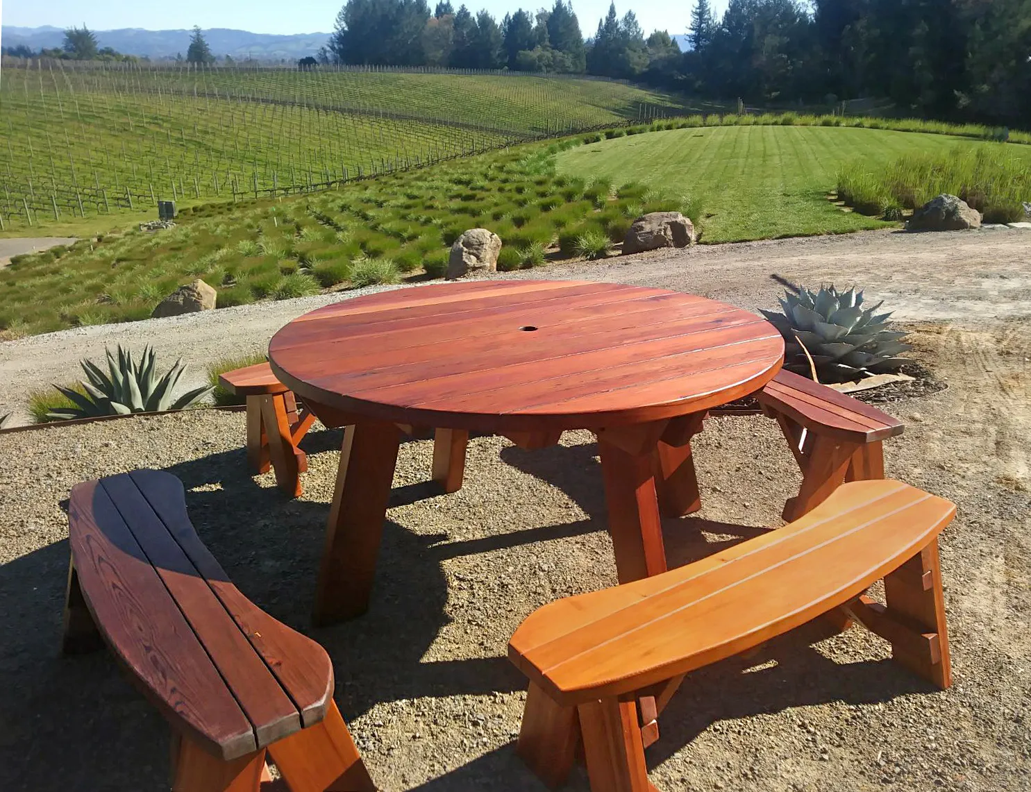 Round Wooden Picnic Table (Detached Benches), California Redwood, in Sebastopol, CA