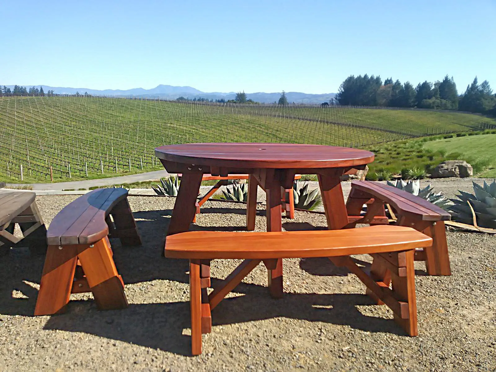 Round Wooden Picnic Table (Detached Benches), California Redwood, in Sebastopol, CA