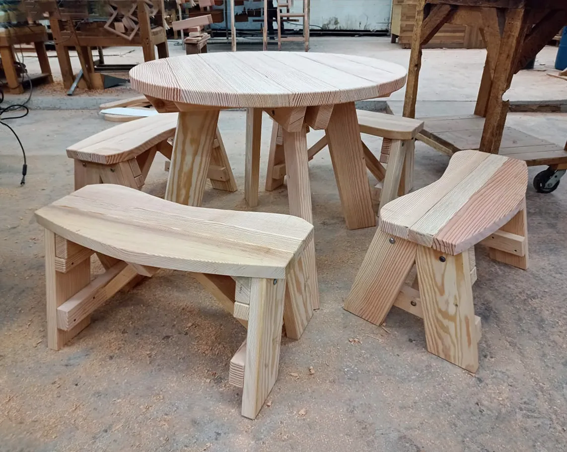 Round Wooden Picnic Table (Detached Benches) in Production, Douglas-fir