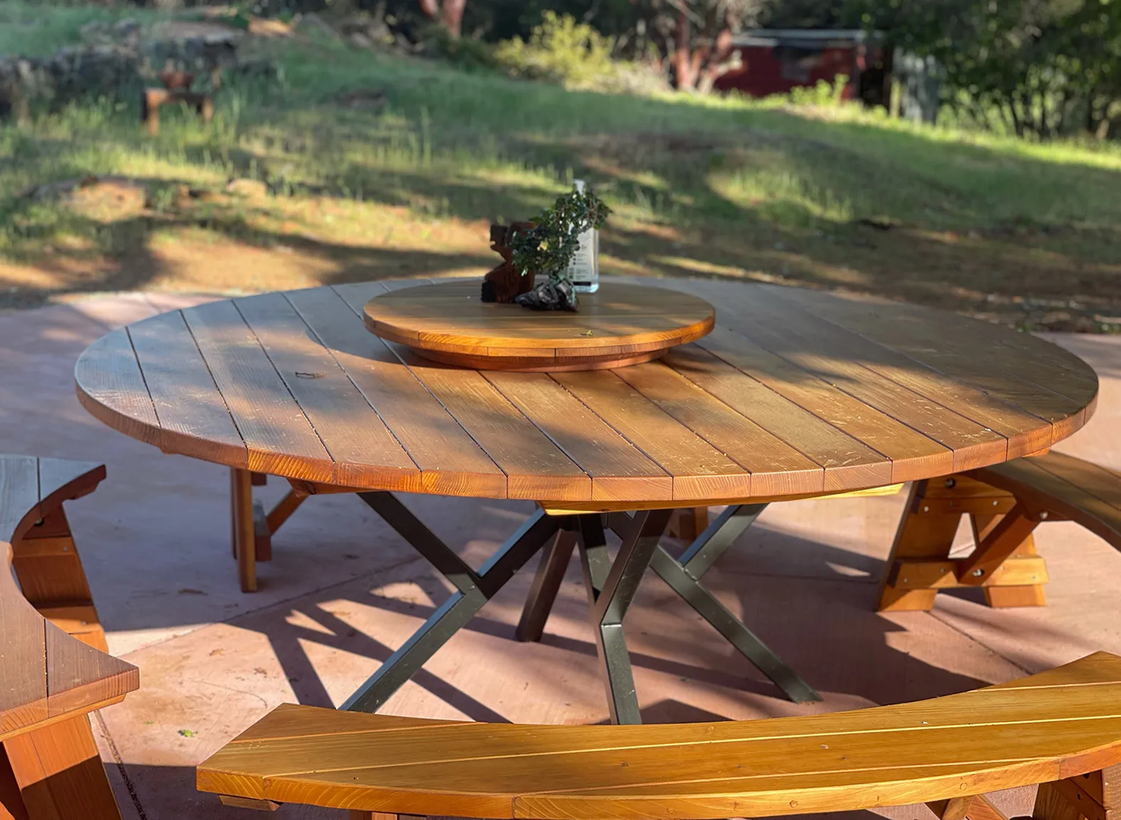 Round Wooden Picnic Tables (Detached Benches) with Custom Steel Pedestal Leg Design, California Redwood, in Lower Lake, CA