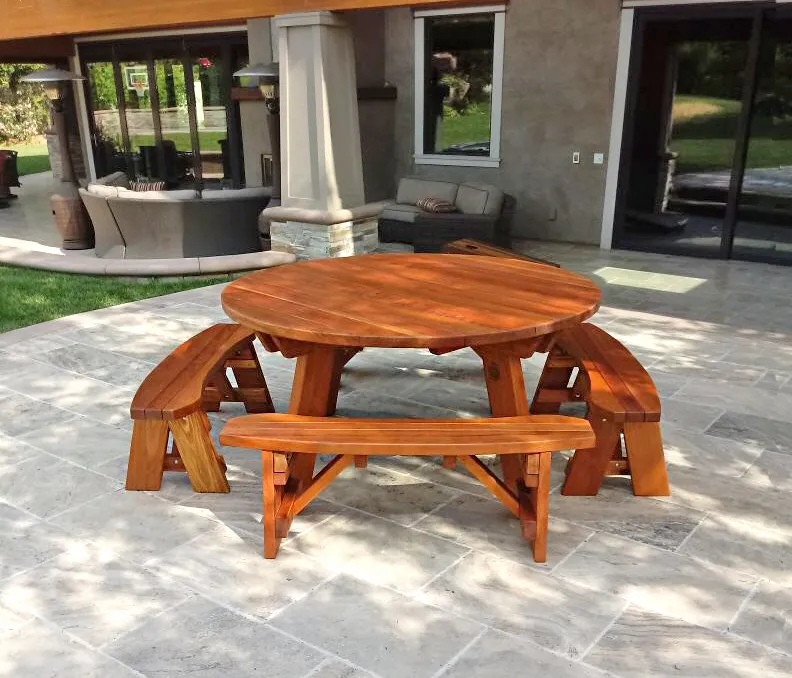 Round Wooden Picnic Table (Detached Benches) (Options: 5 1/2' Diameter, Unattached Benches, California Redwood, Round Picnic Bench, Standard Tabletop, No Lazy Susan, No Umbrella Hole, Transparent Premium Sealant). Photo Courtesy of W. Jenkins of Orange, CA.