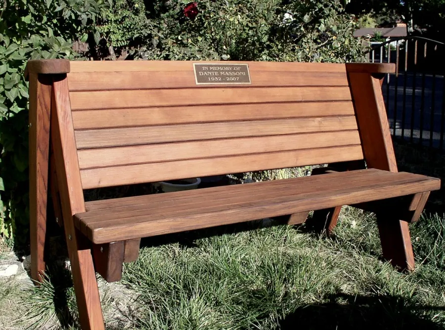 Rustic Redwood Bench (Options: 5 ft, Mature Redwood, No Cushion, No Engraving - Plaque made locally and shipped to us for inlaying and installation, Transparent Premium Sealant).