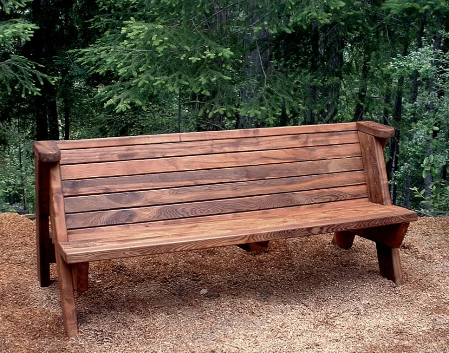 Rustic Redwood Bench (Options: 6 ft, Old-Growth Redwood, No Cushion, No Engraving, Transparent Premium Sealant). Shows original design for backrest without opening near seat. If you prefer this detail, please just mention it in the comment box at checkout.