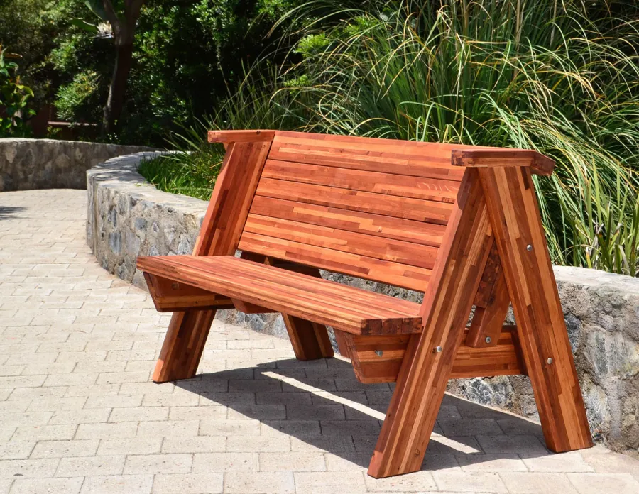 Rustic Redwood Bench (Options: 5 ft, Mosaic Redwood, No Cushion, No Engraving, Transparent Premium Sealant).