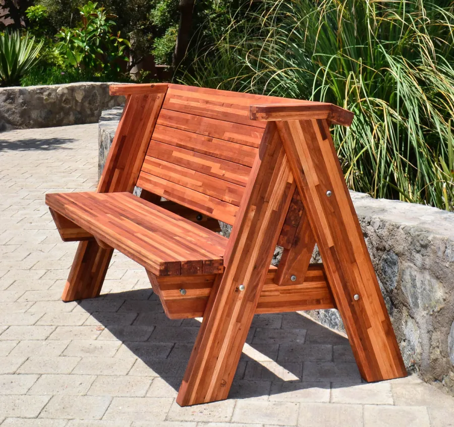 Rustic Redwood Bench (Options: 5 ft, Mosaic Redwood, No Cushion, No Engraving, Transparent Premium Sealant).