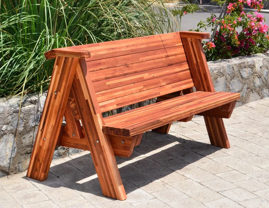 Rustic Redwood Bench (Options: 5 ft, Mosaic Redwood, No Cushion, No Engraving, Transparent Premium Sealant).
