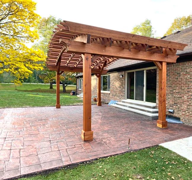 Sebastopol Pergolas (Options: 24' L x 14' Arc W, California Redwood, 4-Post Anchor Kit for High-Wind, with a Ceiling Fan Base, Transparent Premium Sealant). Photo Courtesy of M. Dorbeck of Brighton, Michigan.