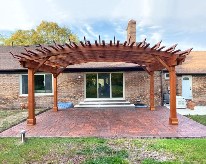 Sebastopol Pergolas (Options: 24' L x 14' Arc W, California Redwood, 4-Post Anchor Kit for High-Wind, with a Ceiling Fan Base, Transparent Premium Sealant). Photo Courtesy of M. Dorbeck of Brighton, Michigan.