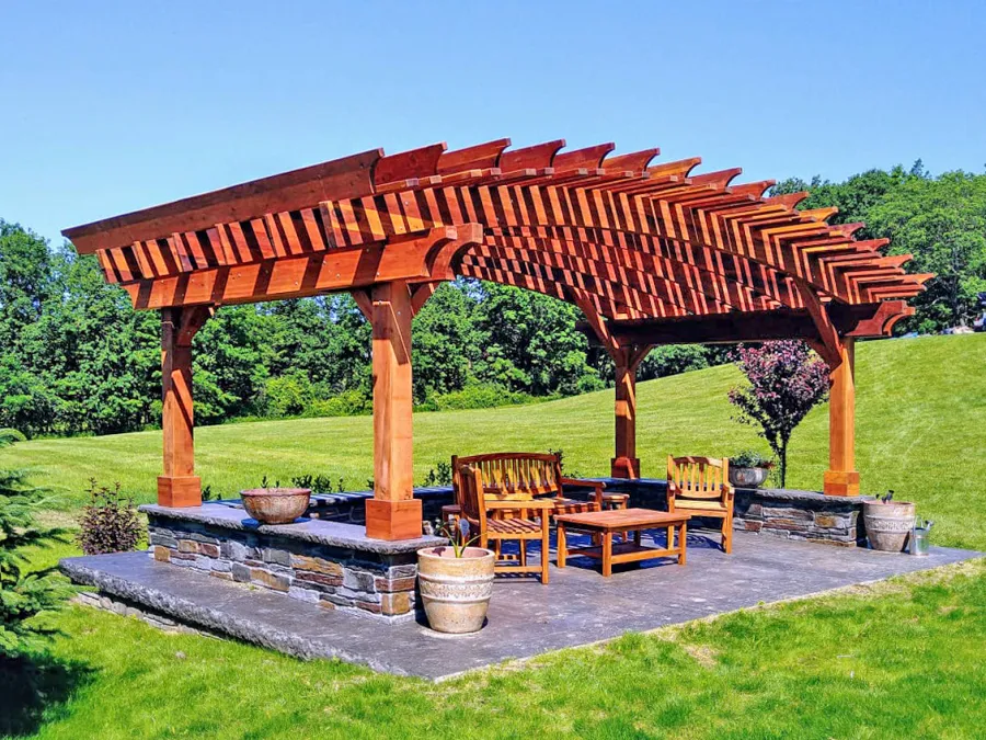 Sebastopol Pergolas (Options: 14' L x 22' Arc W, California Redwood, 4-Post Anchor Kit for High-Wind, Transparent Premium Sealant). Photo Courtesy of Peter King of Shaftsbury, Vermont.