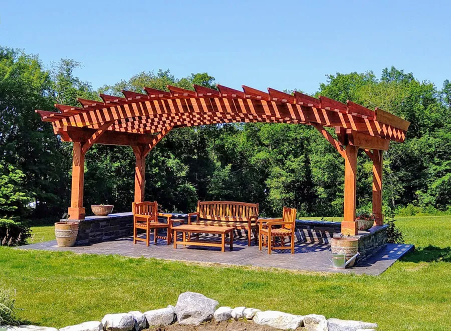 Sebastopol Pergolas (Options: 14' L x 22' Arc W, California Redwood, 4-Post Anchor Kit for High-Wind, Transparent Premium Sealant). Photo Courtesy of Peter King of Shaftsbury, Vermont.