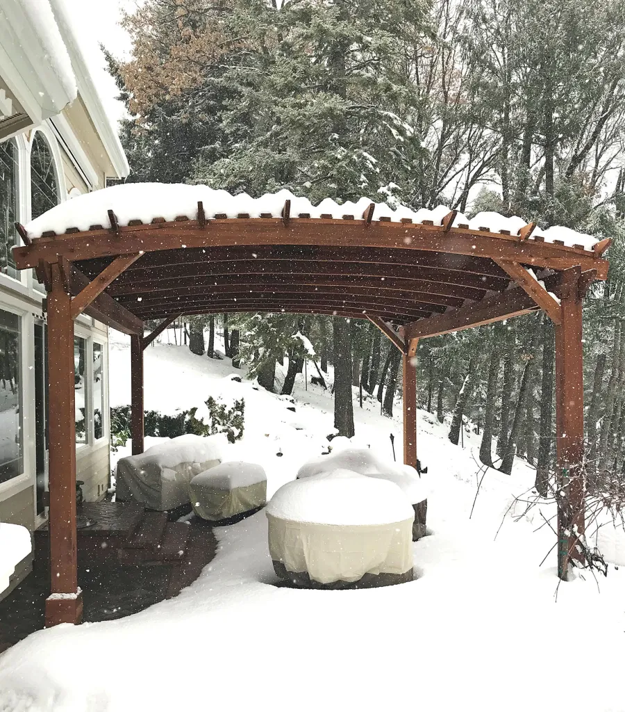 Custom Sebastopol Pergolas (Options: 20' L x 18' Arc W, California Redwood, 4-Post Anchor Kit for Concrete, with Lattice Panels by Custom Request, No Ceiling Fan Base, 10' H Posts, Transparent Premium Sealant). Photo Courtesy of E. Greenwood of Nevada City, California.