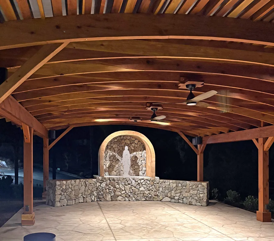 Sebastopol Pergola (Options: 30' L x 24' Arc W, California Redwood, 4 Electrical Wiring Trims, Post Anchor Kit for Concrete, 2 Ceiling Fan Bases, 9' Post Height, Transparent Premium Sealant). Photo Courtesy of the Sycuan Casino of San Diego, CA.
