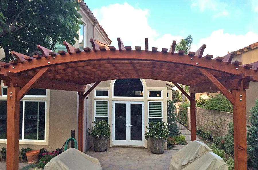 Sebastopol Pergolas (Options: 14' L x 24' Arc W, Mature Redwood, 4-Post Anchor Kit for High-Wind, Transparent Premium Sealant). Photo Courtesy of M. Dorbeck of Brighton, Michigan. 