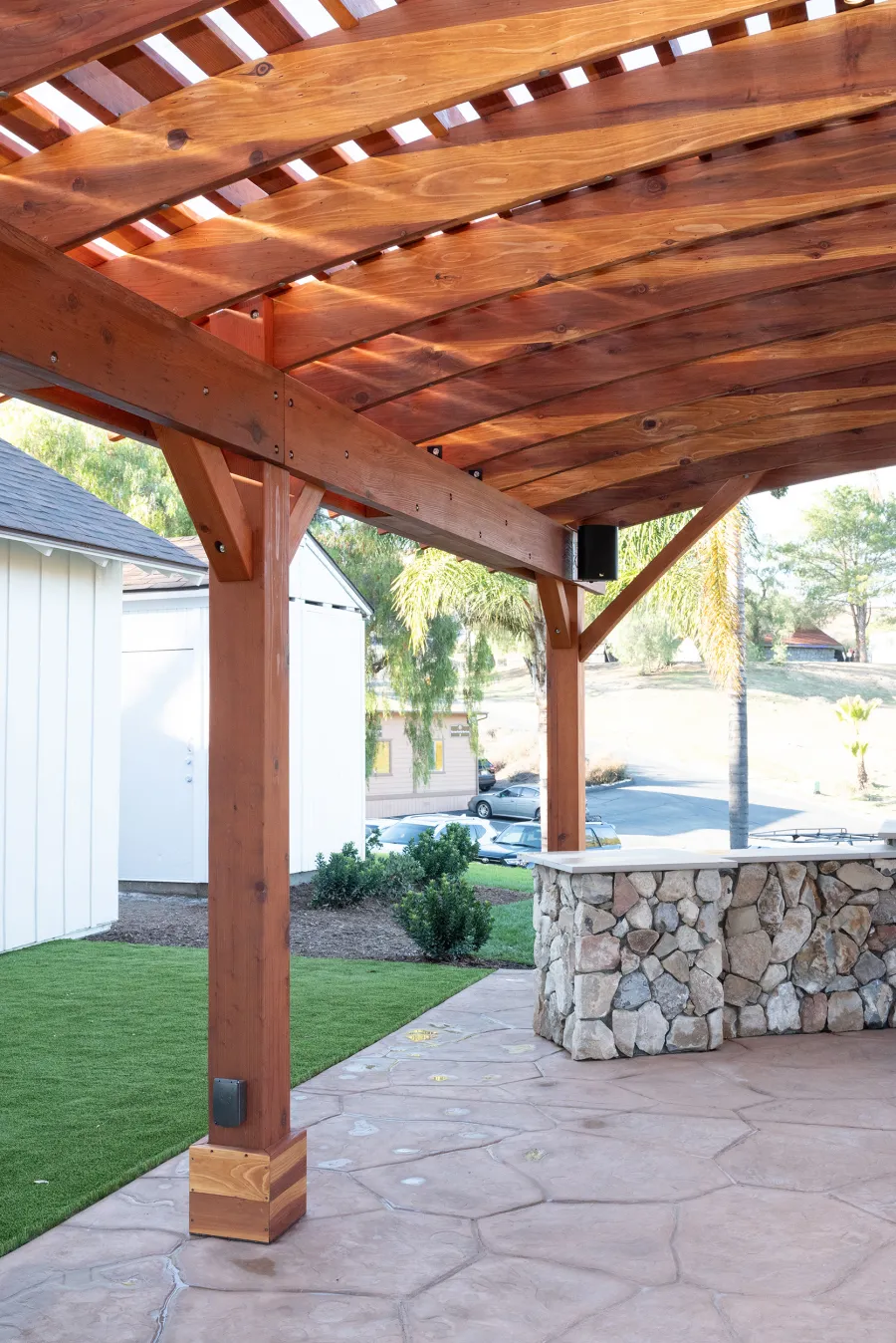 Sebastopol Pergola (Options: 30' L x 24' Arc W, California Redwood, 4 Electrical Wiring Trims, Post Anchor Kit for Concrete, with Rain Guard, 2 Ceiling Fan Bases, Flash End Cuts, 9' Post Height, Transparent Premium Sealant). Photo Courtesy of the Sycuan Casino of San Diego, CA.