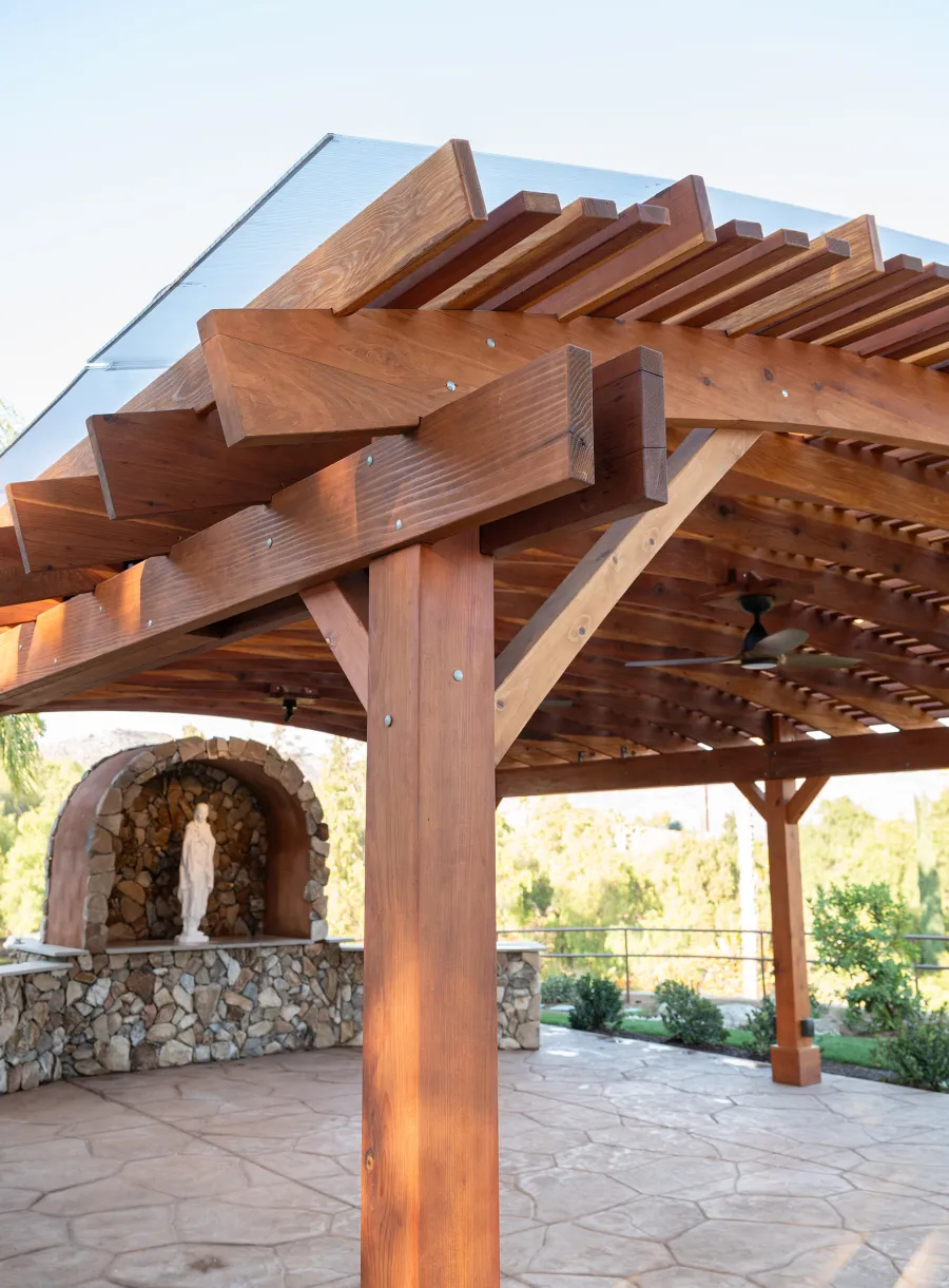 Sebastopol Pergola (Options: 30' L x 24' Arc W, California Redwood, 4 Electrical Wiring Trims, Post Anchor Kit for Concrete, with Rain Guard, 2 Ceiling Fan Bases, Flash End Cuts, 9' Post Height, Transparent Premium Sealant). Photo Courtesy of the Sycuan Casino of San Diego, CA.