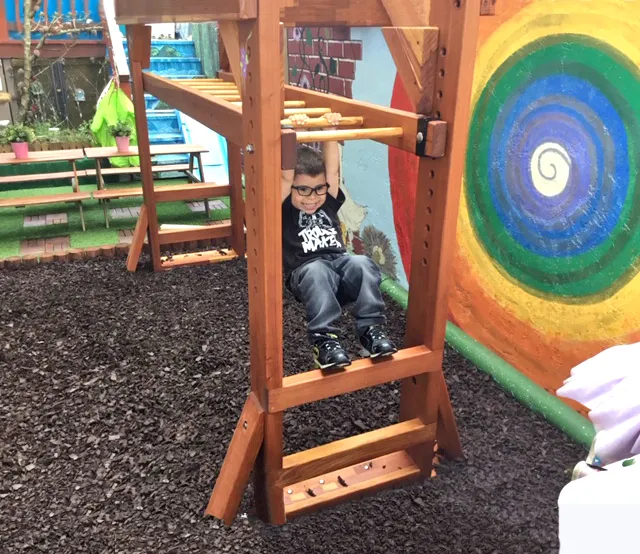 Custom Sheldon's Monkey Bars (Options: 86 in L x 5 ft H by Custom Request, Mosaic Redwood, 1" Diameter Rungs Instead the Stardard 1 3/8", Rungs at 9" Spacing Instead of 12" Spacing, Standard Step Option, Transparent Premium Sealant). Photo Courtesy of V. McIntyre of Pacifica , California.