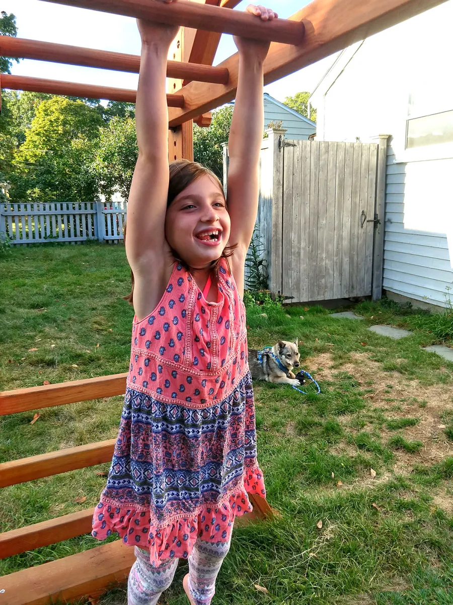 Sheldon's Monkey Bars (Options: 7 ft H, 120.5'' L, Douglas-fir, Standard Step Option, Transparent Premium Sealant). Photo Courtesy of R. Banks of Beverly, Massachusetts.