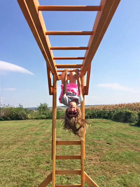 Custom Sheldon's Monkey Bars (Options: 108.5 ft L x 8ft H, Douglas-fir, Standard Step Option, Transparent Premium Sealant). Shows Original design of Monkey Bar that was discontinued in 2018 - if you prefer this old design, let us know).