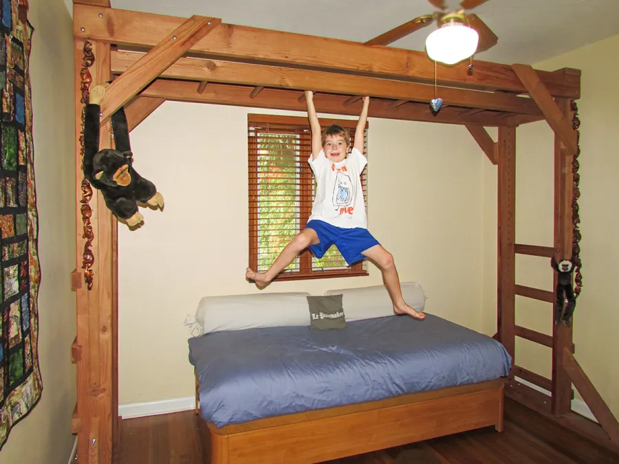 Custom Sheldon's Monkey Bars (Options: Custom size 120" L x 91 1/2" H, Mature Redwood, 3/4-inch Diameter Rungs Spaced 12 inches Apart, Standard Step Option, Transparent Premium Sealant). Shows Original design of Monkey Bar that was discontinued in 2018 - if you prefer this old design, let us know). Photo Courtesy of Monica Botimer of Palo Alto, CA. 
