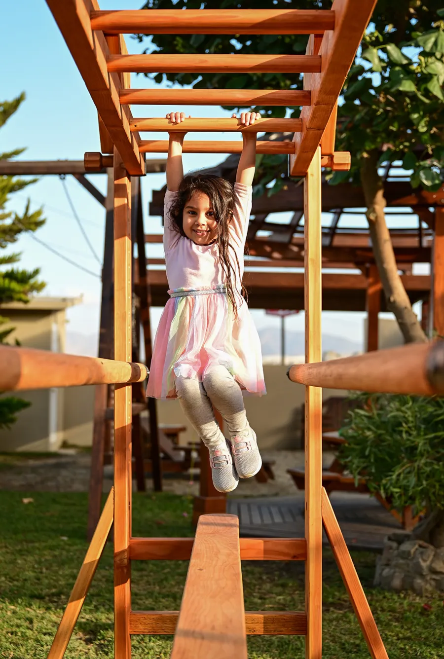 Custom Sheldon's Monkey Bars (Options: 8 ft H, 108.5 ft L, Douglas-fir, Standard Step Option, Transparent Premium Sealant) with Balance Beam and Parallel Bars. Extra Supports Added at the Bottom of the Monkey Bar. Balance Beam Can be Removed and Used Independently.