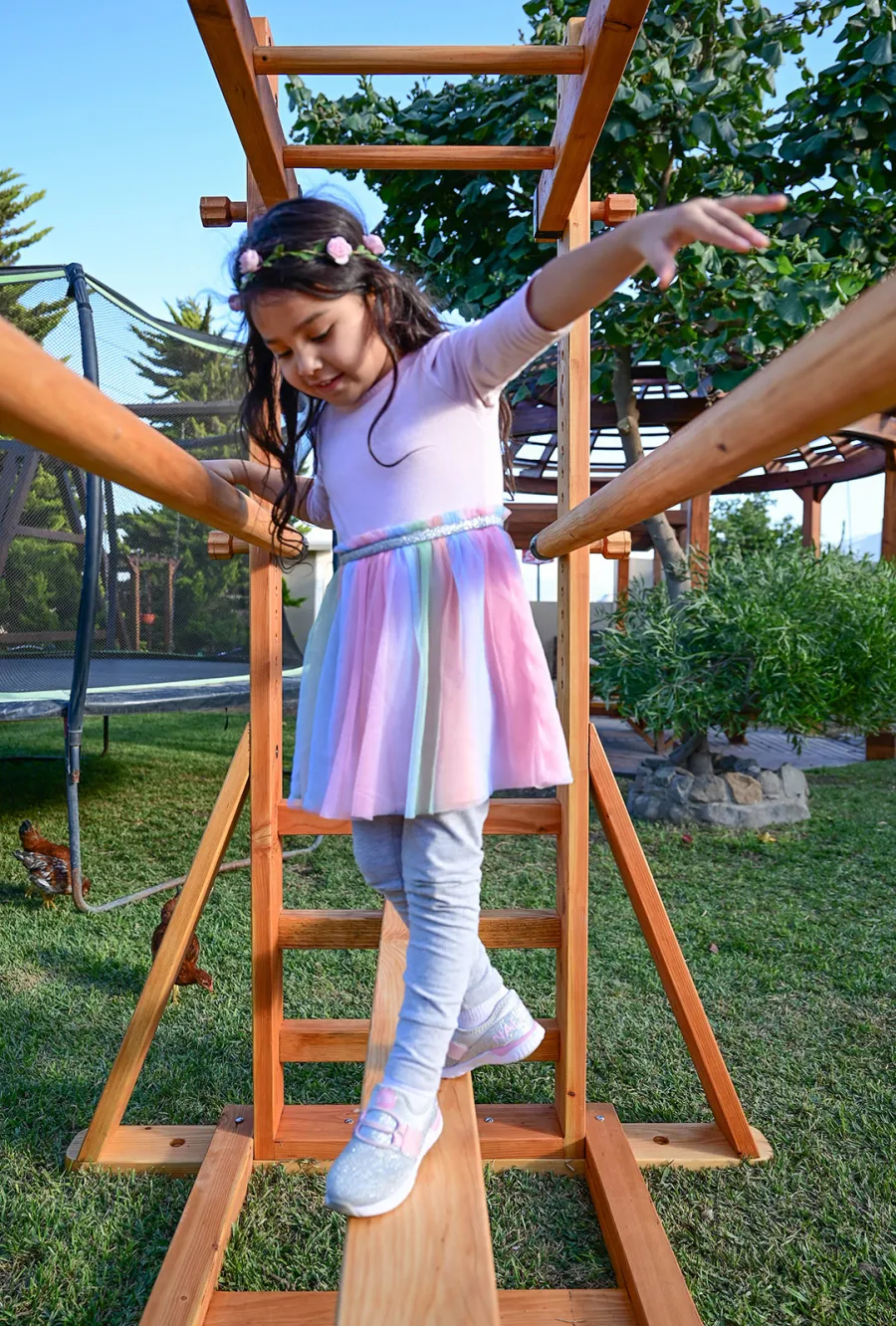 Custom Sheldon's Monkey Bars (Options: 8 ft H, 108.5 ft L, Douglas-fir, Standard Step Option, Transparent Premium Sealant) with Balance Beam and Parallel Bars. Extra Supports Added at the Bottom of the Monkey Bar. Balance Beam Can be Removed and Used Independently.