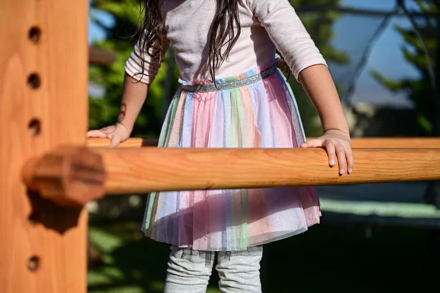 Custom Sheldon's Monkey Bars (Options: 8 ft H, 108.5 ft L, Douglas-fir, Standard Step Option, Transparent Premium Sealant) with Balance Beam and Parallel Bars. Extra Supports Added at the Bottom of the Monkey Bar. Balance Beam Can be Removed and Used Independently.