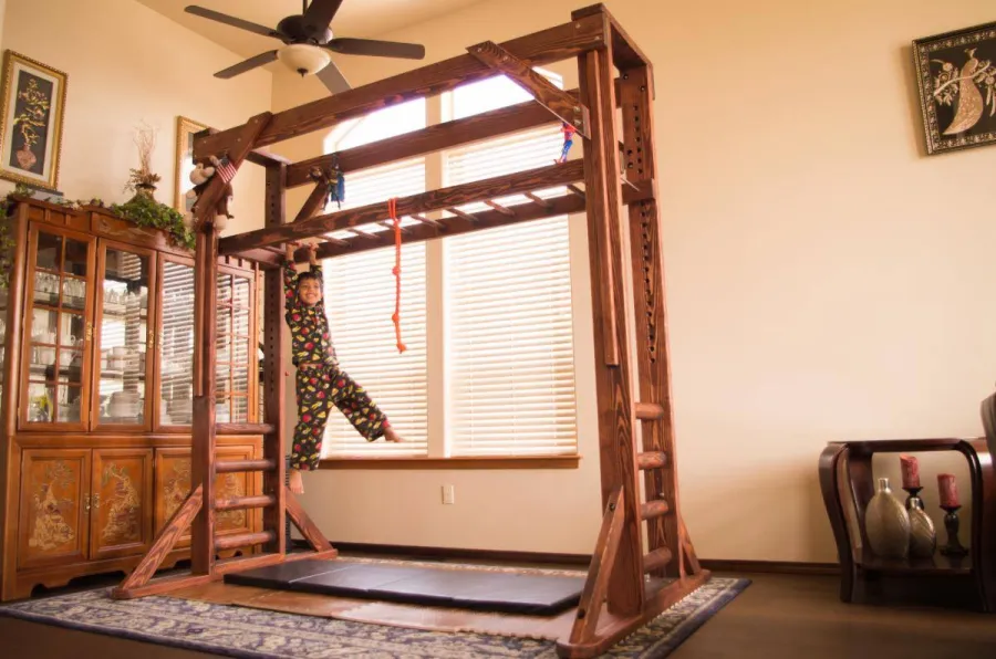 Custom Sheldon's Monkey Bars (Options: 8 ft H, 96.5ft L, Douglas-fir, 3/4-inch Diameter Rungs Spaced 8 inches Apart, Round Step Option, Coffee-Stain Premium Sealant). Shows Original design of Monkey Bar that was discontinued in 2018 - if you prefer this old design, let us know).