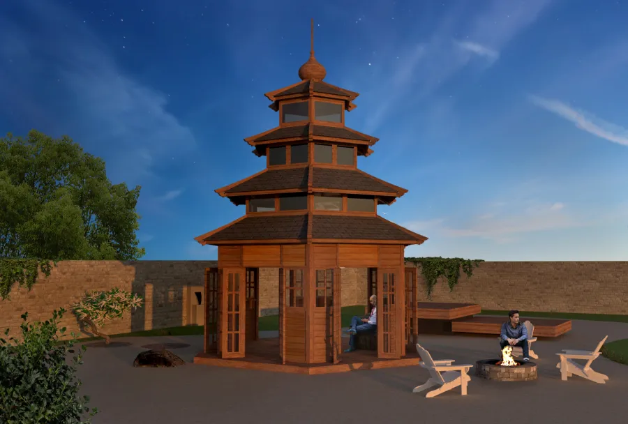 Skyline Sanctuary Pagoda (Rendering Shows: 20ft Diameter, 26ft H (without antenna), Redwood, French Doors, Deck not included).