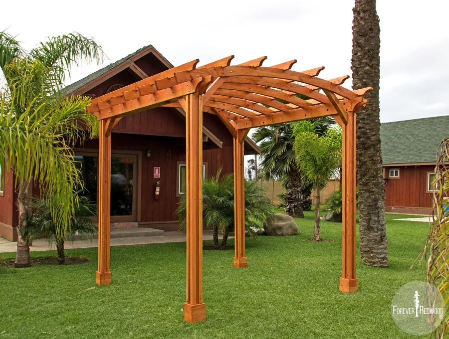 Small Arched Open Sky Pergolas (Options: 10' L x 10' W, No Privacy Panels, Douglas-Fir, No Rain Guard, 9 ft Post Height, No Electrical Wiring Trim, Vertical Decorative Trim, 4-Post Anchor Kit for Concrete, No Curtain Rods, No Retractable Shade Canopy, Transparent Premium Sealant).