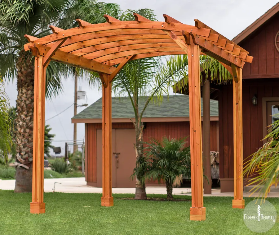 Small Arched Open Sky Pergolas (Options: 10' L x 10' W, No Privacy Panels, Douglas-Fir, No Rain Guard, 9 ft Post Height, No Electrical Wiring Trim, Vertical Decorative Trim, 4-Post Anchor Kit for Concrete, No Curtain Rods, No Retractable Shade Canopy, Transparent Premium Sealant).