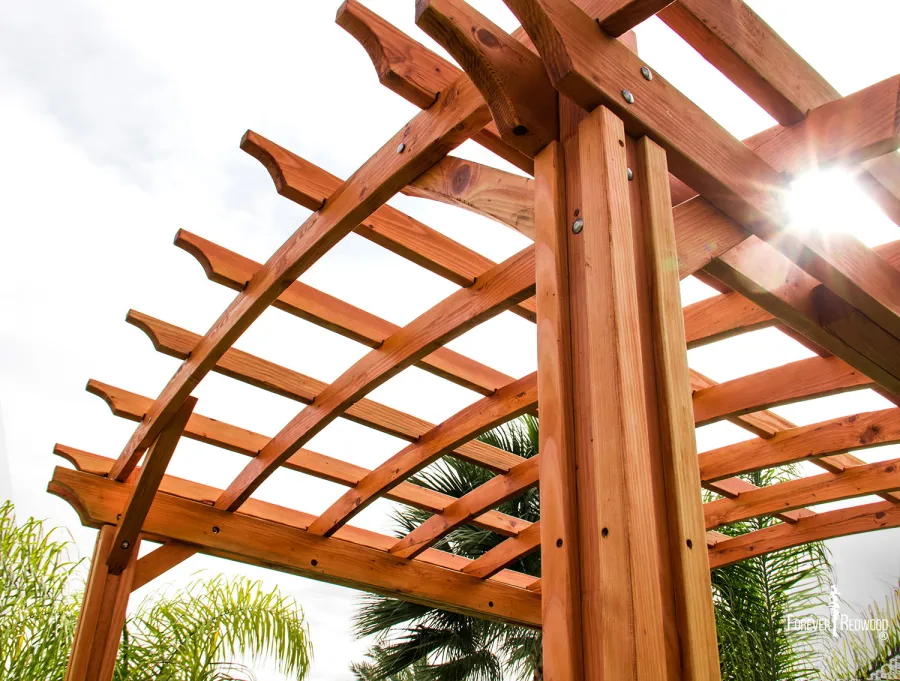 Small Arched Open Sky Pergolas (Options: 10' L x 10' W, No Privacy Panels, Douglas-Fir, No Rain Guard, 9 ft Post Height, No Electrical Wiring Trim, Vertical Decorative Trim, 4-Post Anchor Kit for Concrete, No Curtain Rods, No Retractable Shade Canopy, Transparent Premium Sealant).