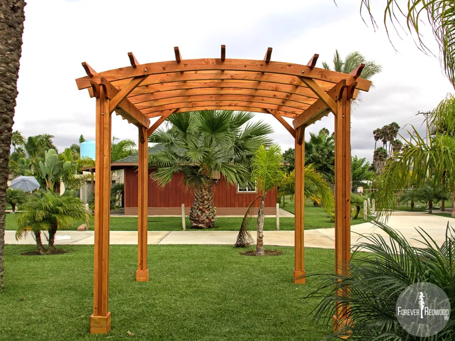 Small Arched Open Sky Pergolas (Options: 10' L x 10' W, No Privacy Panels, Douglas-Fir, No Rain Guard, 9 ft Post Height, No Electrical Wiring Trim, Vertical Decorative Trim, 4-Post Anchor Kit for Concrete, No Curtain Rods, No Retractable Shade Canopy, Transparent Premium Sealant).
