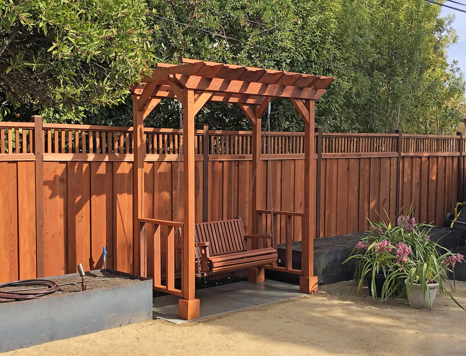 Small Garden Pergola Kit, 8' L x 5' W, Mature Redwood, in Palo Alto, CA