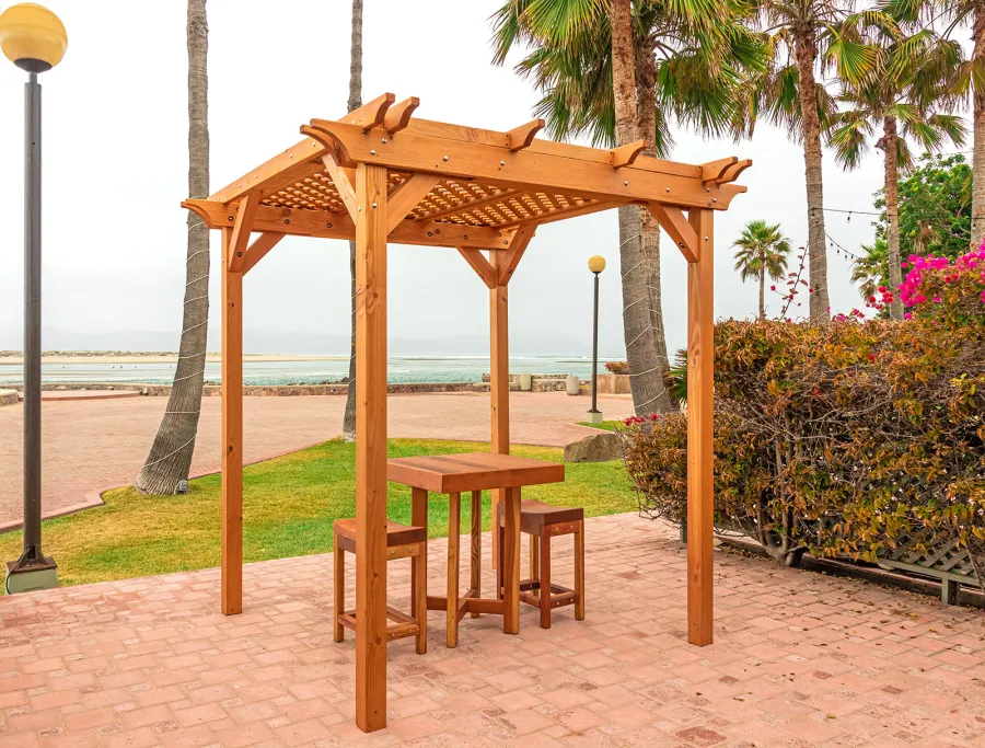 Small Lattice Pergola  (Options: 8' L x 8' W, No Privacy Panels, Douglas-fir, No Rain Guard, 8 ft Post Height, No Electrical Wiring Kit, No Post Decorative Trim, No Anchor Kit, No Curtain Rods, No Retractable Shade Canopy, Transparent Premium Sealant). Glady's Balcony Table Set Under the Pergola.