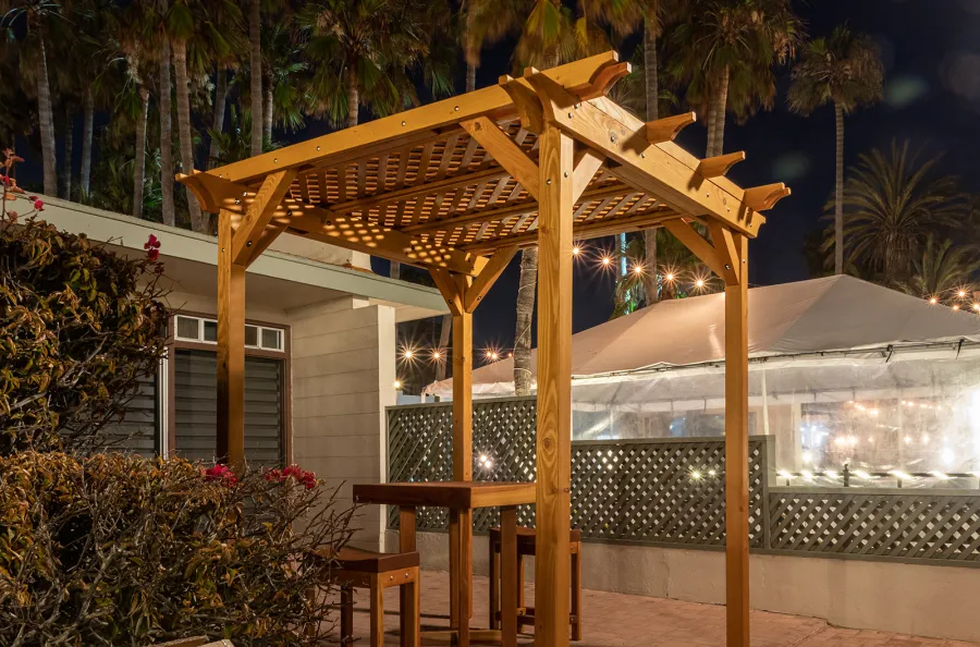Small Lattice Pergola  (Options: 8' L x 8' W, No Privacy Panels, Douglas-fir, No Rain Guard, 8 ft Post Height, No Electrical Wiring Kit, No Post Decorative Trim, No Anchor Kit, No Curtain Rods, No Retractable Shade Canopy, Transparent Premium Sealant). Glady's Balcony Table Set Under the Pergola.