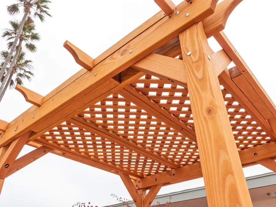 Small Lattice Pergola  (Options: 8' L x 8' W, No Privacy Panels, Douglas-fir, No Rain Guard, 8 ft Post Height, No Electrical Wiring Kit, No Post Decorative Trim, No Anchor Kit, No Curtain Rods, No Retractable Shade Canopy, Transparent Premium Sealant).
