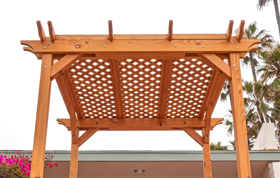 Small Lattice Pergola  (Options: 8' L x 8' W, No Privacy Panels, Douglas-fir, No Rain Guard, 8 ft Post Height, No Electrical Wiring Kit, No Post Decorative Trim, No Anchor Kit, No Curtain Rods, No Retractable Shade Canopy, Transparent Premium Sealant).