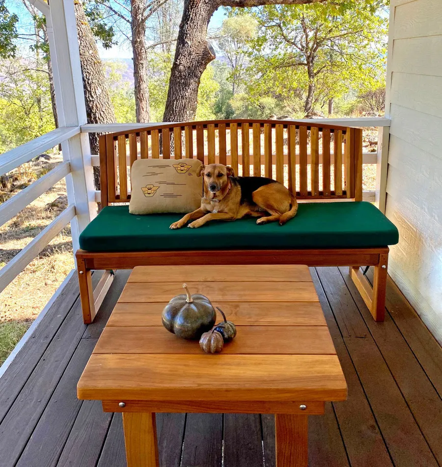 Square Side Table (Options: 30" Size, California Redwood, Slightly Rounded Corners, 18" H, Transparent Premium Sealant). Photo also shows 1 Moonlight Bench. Photo Courtesy of M. Colbruno of Oakland, California.