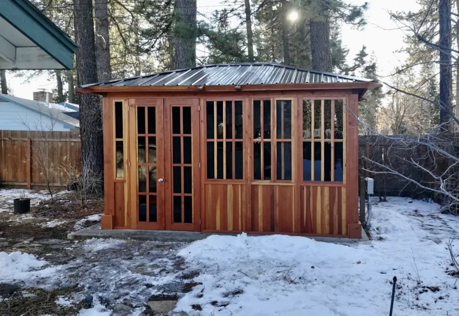 Spa Gazebo Kit (Options: 14' L, 10' W, California Redwood, A Combination of Fixed and Sliding Windows, Without Skylight, 36" H Siding Below Windows, Vertical Siding, French Doors without Screens, No Flooring, Transparent Premium Sealant). Photo Courtesy of D. Wolfe of Chester, California.