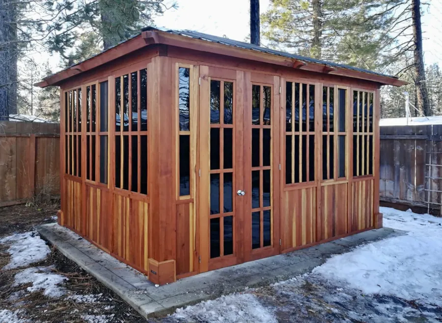 Spa Gazebo Kit (Options: 14' L, 10' W, California Redwood, A Combination of Fixed and Sliding Windows, Without Skylight, 36" H Siding Below Windows, Vertical Siding, French Doors without Screens, No Flooring, Transparent Premium Sealant). Photo Courtesy of D. Wolfe of Chester, California.