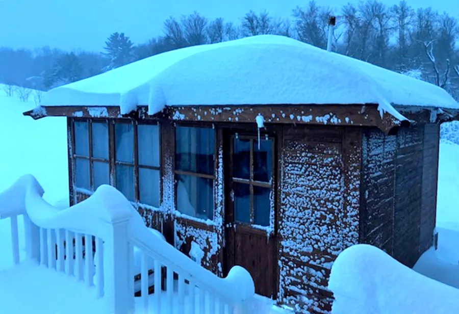 Spa Gazebo Kit (Options: 20' L, 14' W, Mature Redwood,  All Sliding Windows with Screens, Without Skylight, 36" H Siding Below Windows, Vertical Siding, Japanese Doors with Screens, No Flooring, Transparent Premium Sealant). Photo Courtesy of J. Zawalsky of Groveland, Massachusetts.