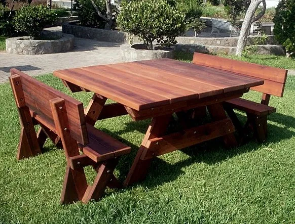 Square Heritage Large Wooden Picnic Table (Options: 5' Size, Fullback Benches, Standard Tabletop, Squared Corners, Standard Leg Flair, No Umbrella Hole, Transparent Premium Sealant).