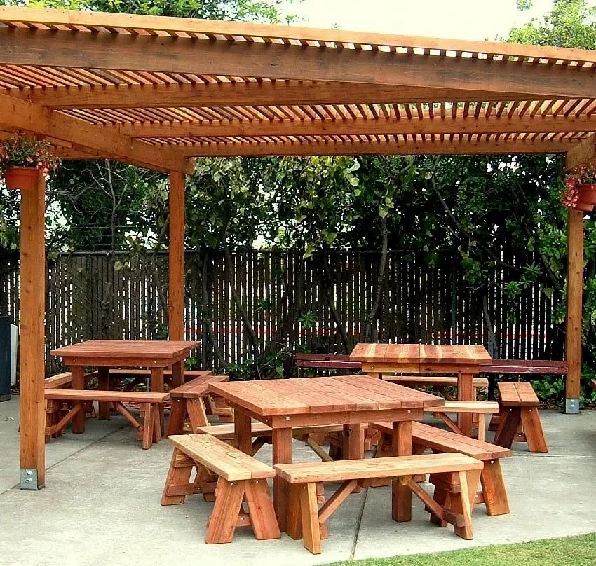 Comparing Wood Grades: Square Patio Tables (Options: 4', Side Benches, Left: Mature Redwood, Center & Right: Redwood, Standard Tabletop, Squared Corners, No Umbrella Hole, Transparent Premium Sealant). 