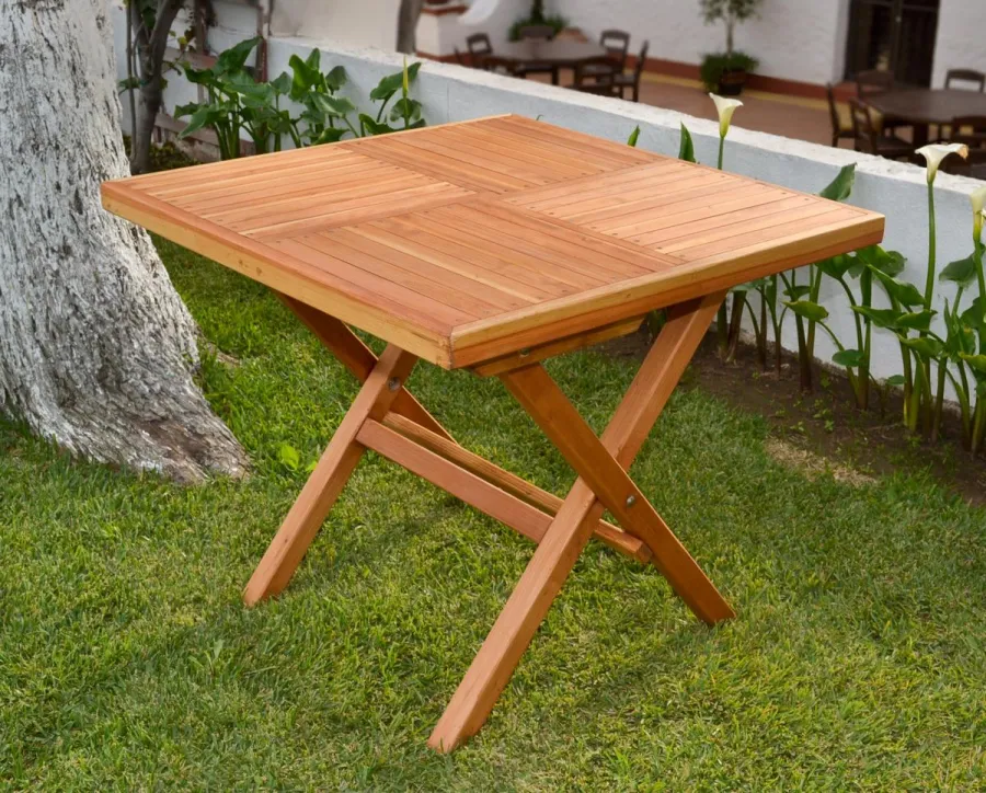 Square Wooden Folding Table (Options: No Seating, Redwood, Standard Tabletop, Checkerboard Design Tabletop, Slightly Rounded Corners, No Umbrella Hole, Transparent Premium Sealant).