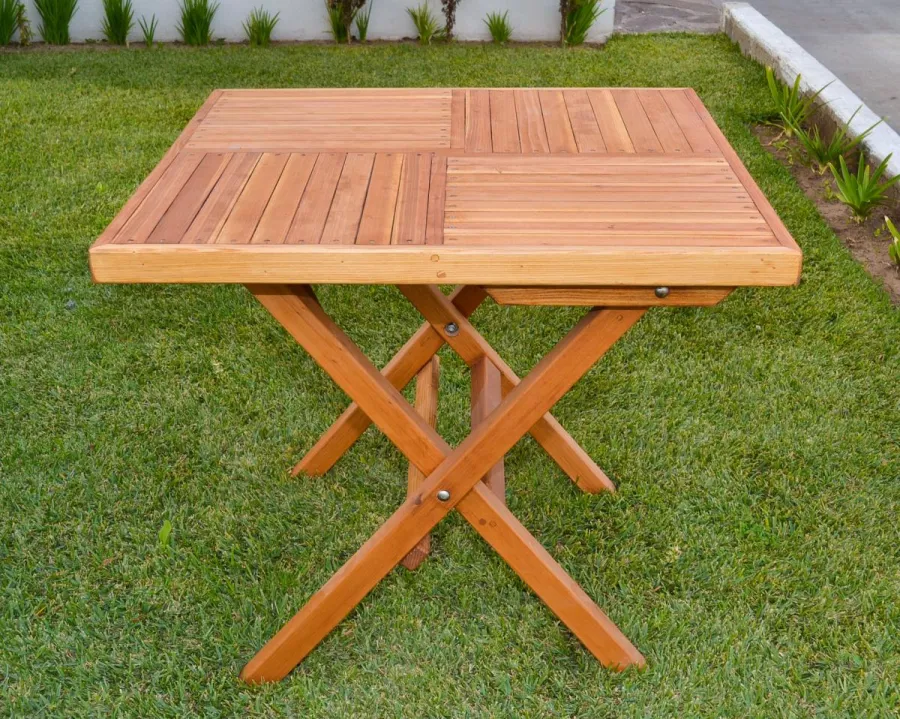 Square Wooden Folding Table (Options: No Seating, Redwood, Standard Tabletop, Checkerboard Design Tabletop, Slightly Rounded Corners, No Umbrella Hole, Transparent Premium Sealant).