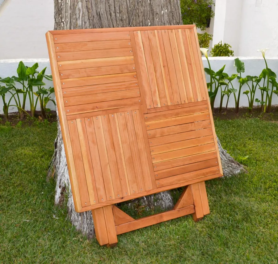 Square Wooden Folding Table (Options: No Seating, Redwood, Standard Tabletop, Checkerboard Design Tabletop, Slightly Rounded Corners, No Umbrella Hole, Transparent Premium Sealant).