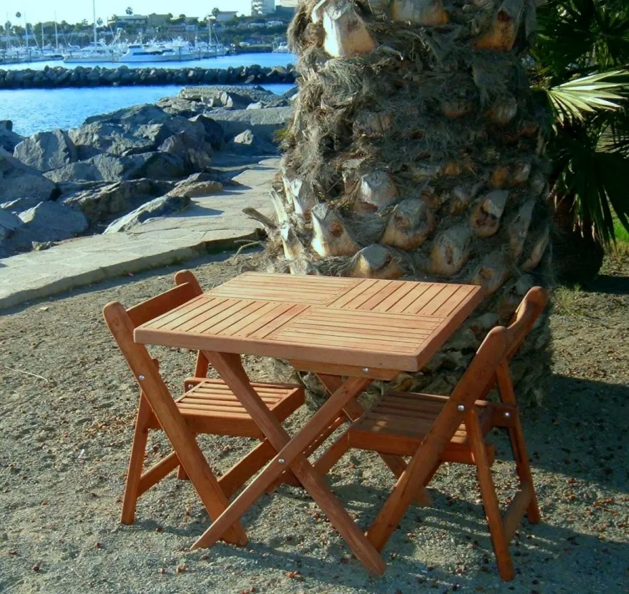 Square Wooden Folding Table (Options: 2 Folding Chairs, Douglas-fir, No Cushions, Standard Tabletop, Checkerboard Design, Squared Corners, No Umbrella Hole, Transparent Premium Sealant). Photo Courtesy of Quintas Papagayo's Hotel, Ensenada, Mexico.