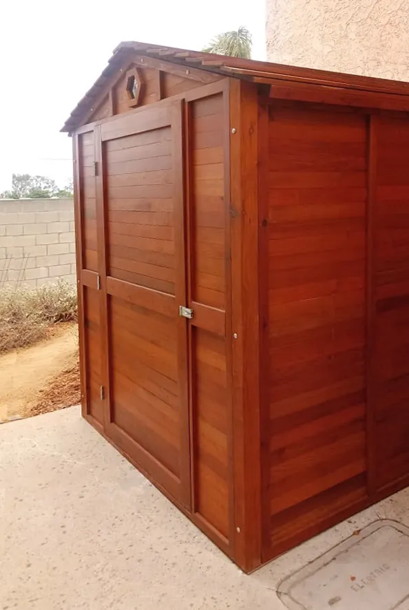 Storage Mini Barns (Options: 6' W, 8' D, 7' H, Mature Redwood, Single Door Opening Out, Standard Door, Transparent Premium Sealant). 