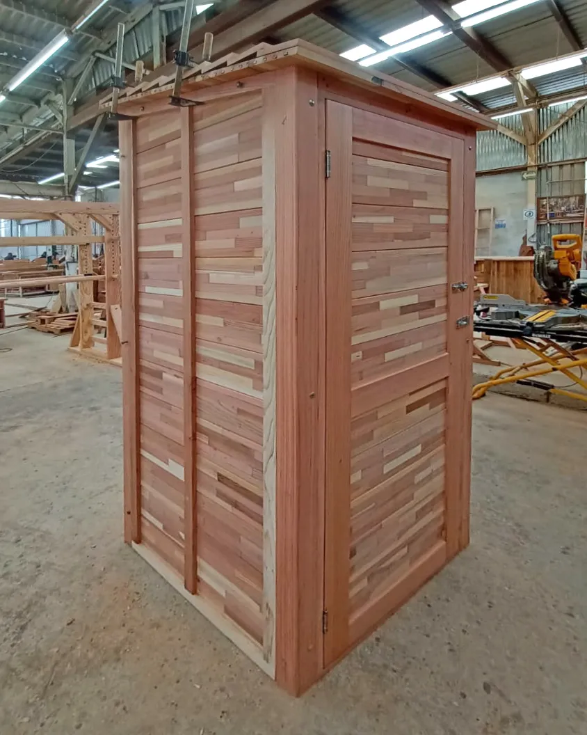 Storage Shed (Options: 3' W x 3' D x 7' H, Mosaic Redwood). Photo taken in production. 